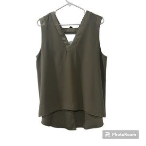 Lisa Rinna Collection Olive Green Polyester V-Neck Split Back SL Blouse Sz Large